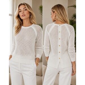 Michael Kors White Open Knit Button Back Sweater Womens Large Raglan Mesh luxury